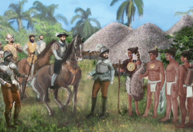 De Soto and his men meeting Native Americans as they march inland