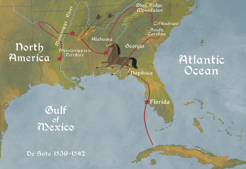 Map showing De Soto’s route with Indian territories marked