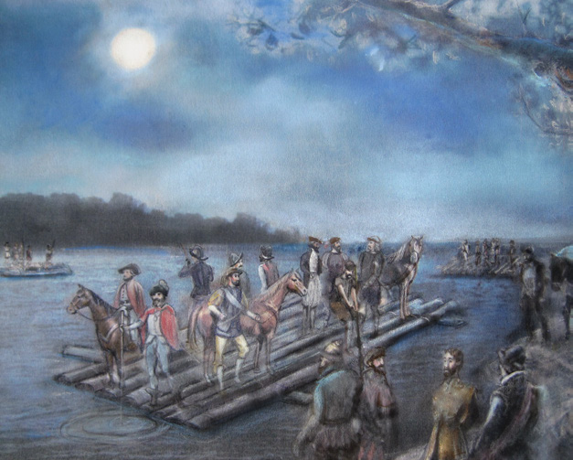 De Soto and his men crossing the Mississippi River on flatboats at night