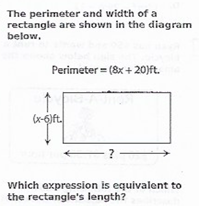 Rectangle diagram showing perimeter (8x + 20) feet and width (x - 6) feet, with unknown length.