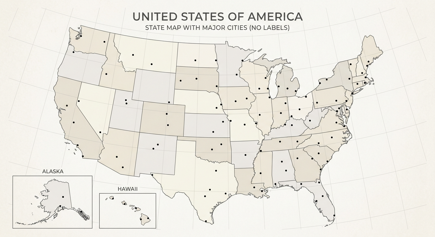 Outline map of the United States with state borders and Alaska and Hawaii insets.