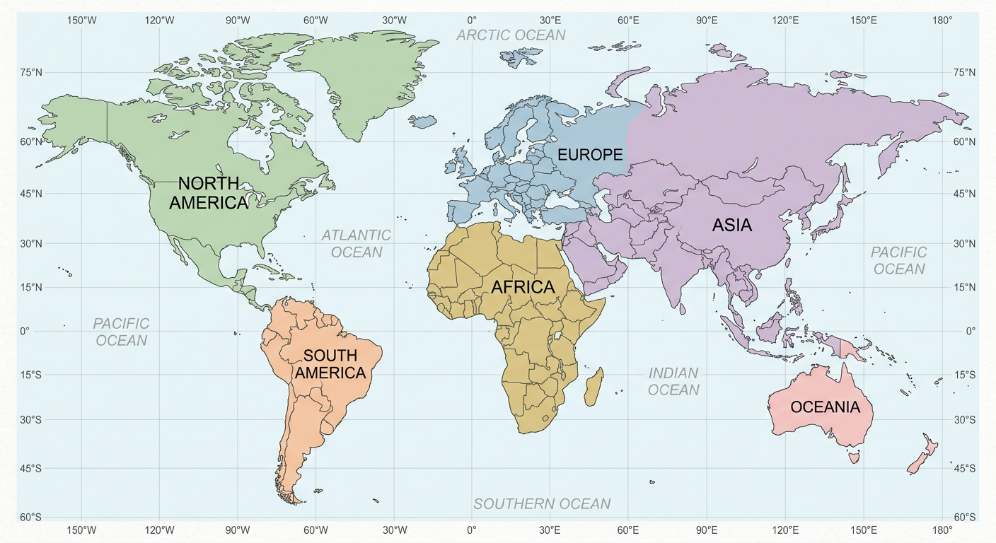 Simplified political world map with major regions labeled and a faint latitude–longitude grid.