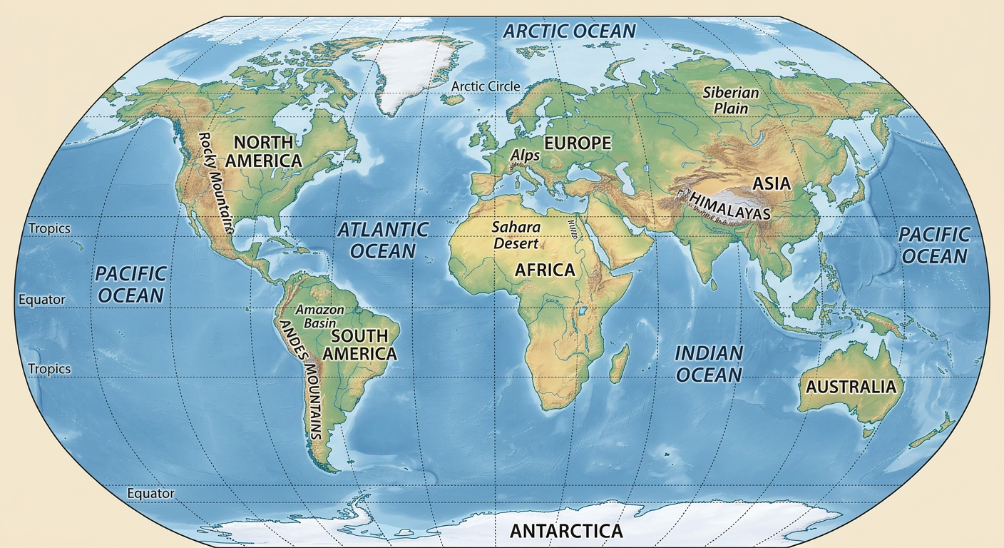 Simplified physical world map showing major landforms and oceans with relief shading.