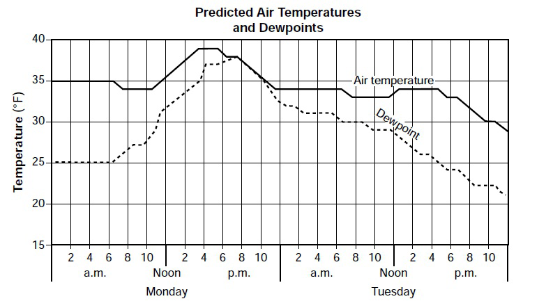 Figure 3: Graph of predicted air temperatures and dewpoints over two days for Schenectady, New York.