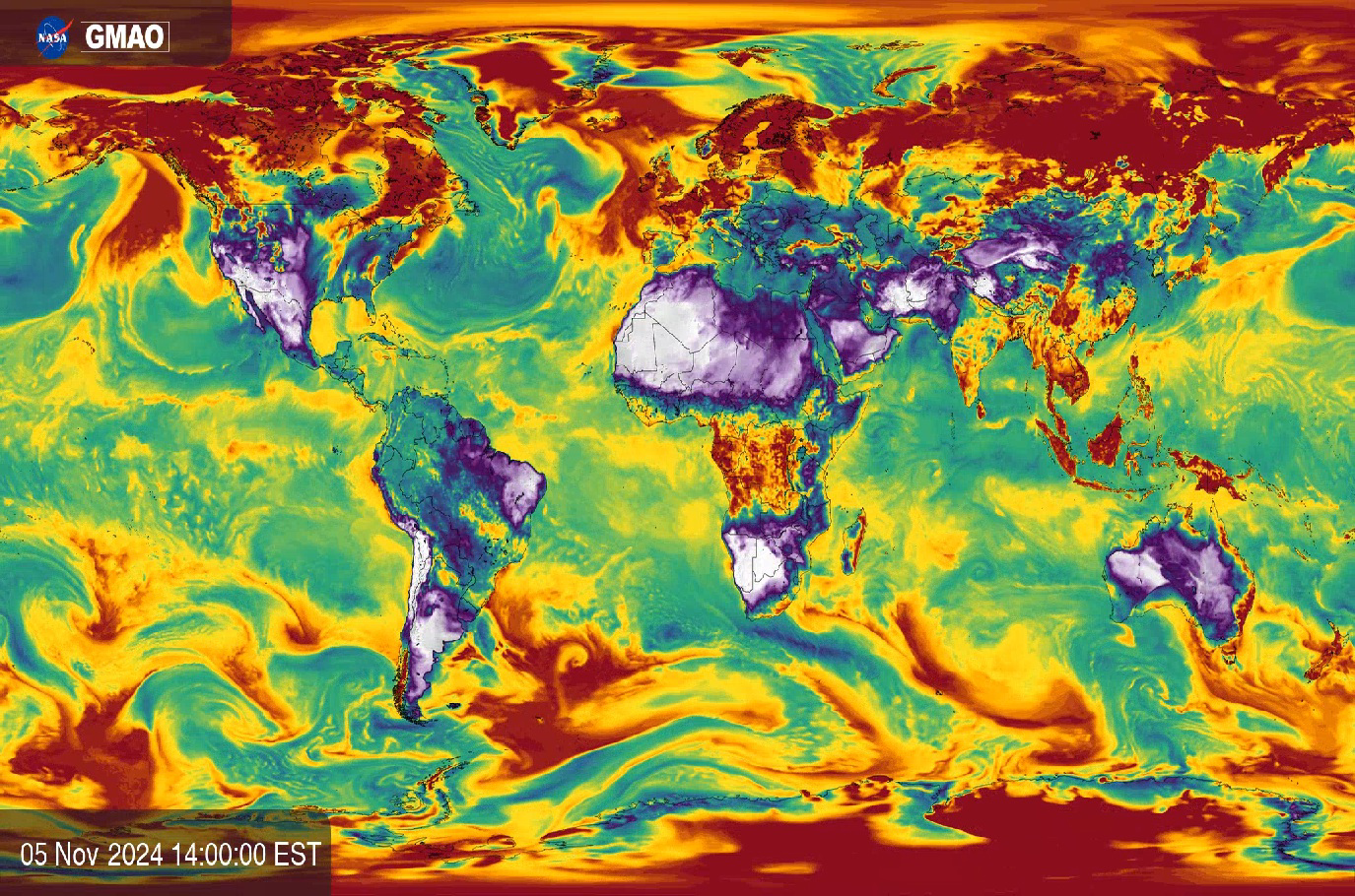 World map showing relative humidity from NASA GEOS-FP on November 5, 2024 at 2 PM EST.