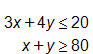 3x plus 4y is less than or equal to 20; x plus y is greater than or equal to 80
