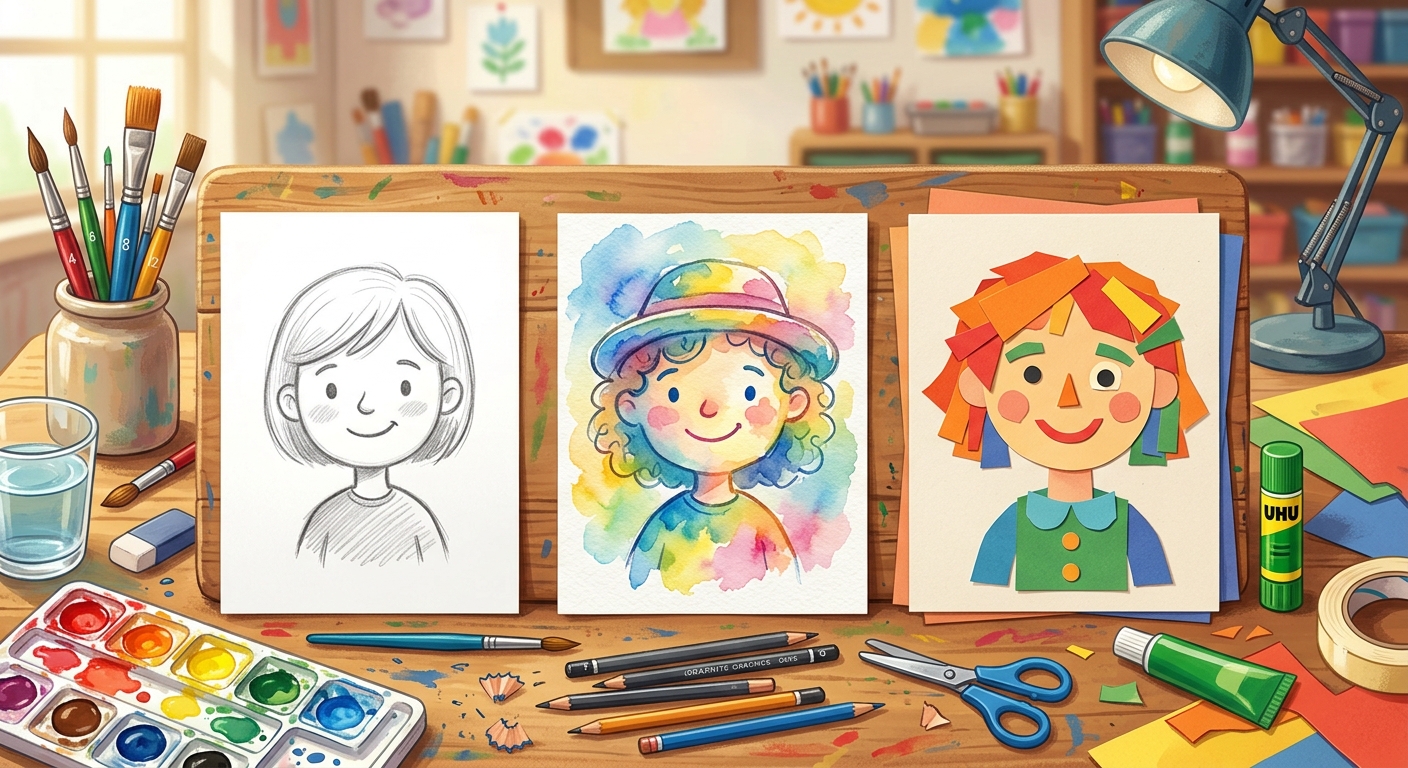 Art table with three example portraits: a pencil sketch, a watercolor painting, and a paper collage, surrounded by basic art supplies.