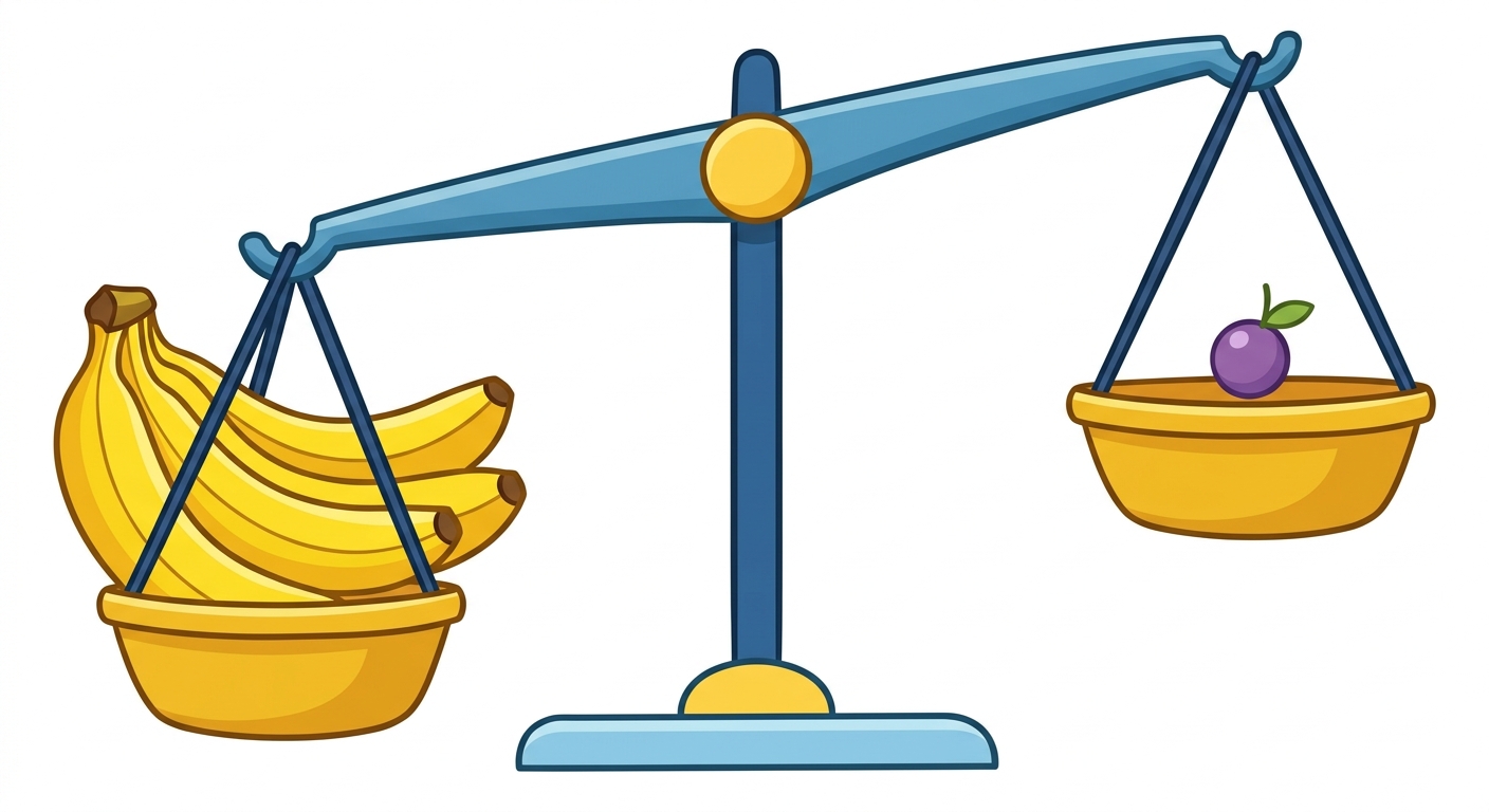 A balance scale with bananas on the left side lower down and a grape on the right side higher up.