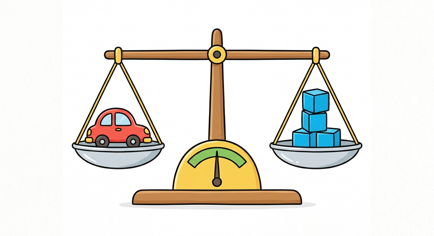 A balance scale showing a toy car balanced with four unit blocks.