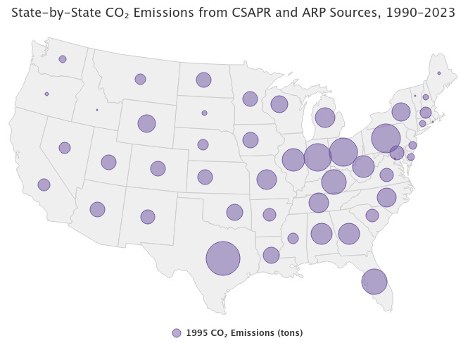 Map of the United States showing 1995 state-by-state CO2 emissions from CSAPR and ARP sources, with circle sizes representing emissions in tons.
