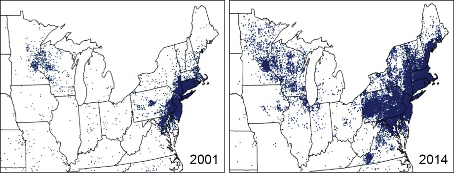 Maps showing reported cases of Lyme disease in 2001 and 2014 for the Northeastern and Upper Midwestern United States.