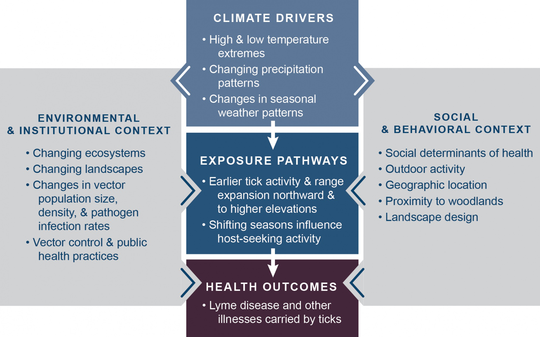 Diagram showing climate drivers, environmental and institutional context, exposure pathways, social and behavioral context, and health outcomes for vector-borne diseases such as Lyme disease.
