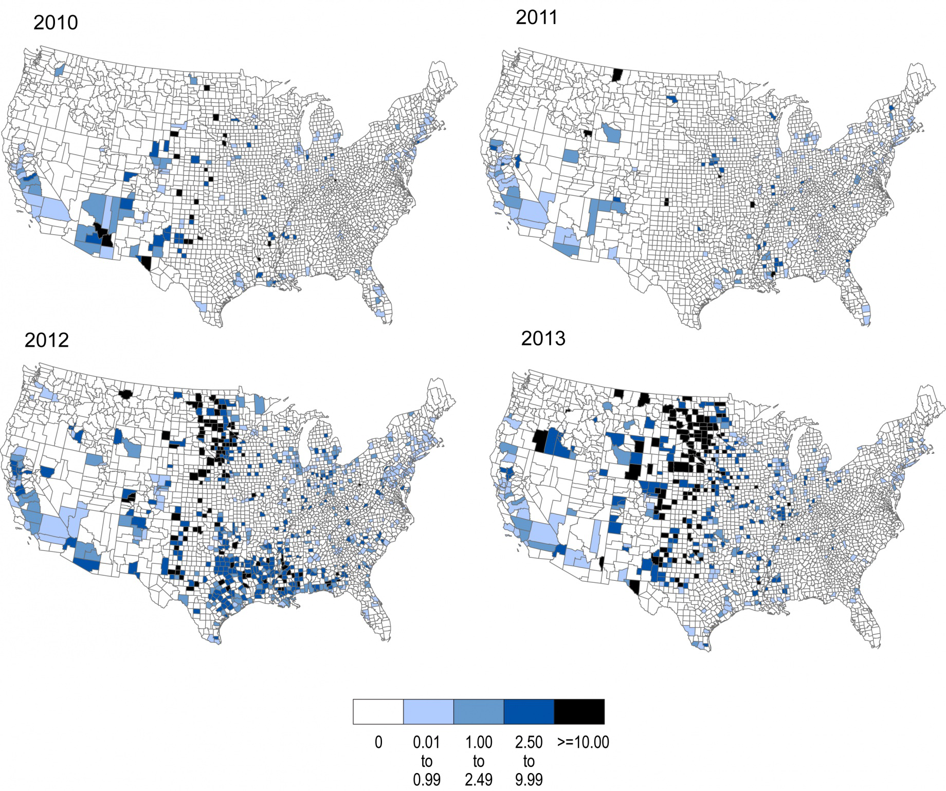 Maps of incidence of West Nile neuroinvasive disease by county in the United States from 2010 through 2013, shown as cases per 100,000 people.