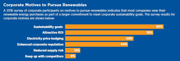 Bar chart titled 'Corporate Motives to Pursue Renewables' showing survey percentages for motives including sustainability goals, attractive ROI, electricity price hedging, enhanced corporate reputation, reduced supply risk, and keeping up with competitors.