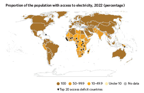 World map showing the proportion of the population with access to electricity in 2022 by percentage.
