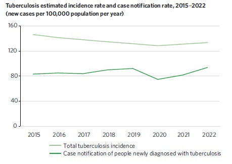 Tuberculosis estimated incidence rate and case notification rate, 2015–2022 (new cases per 100,000 population per year)