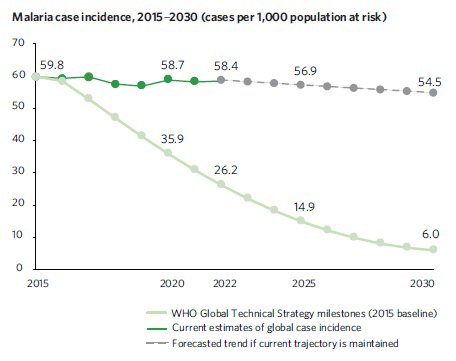 Malaria case incidence, 2015–2030 (cases per 1,000 population at risk)