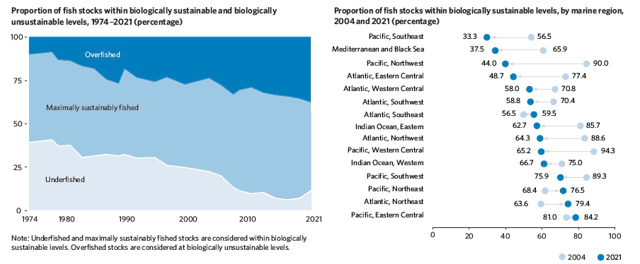Figure showing proportion of global fish stocks within biologically sustainable and unsustainable levels over time, and by marine region in 2004 and 2021.