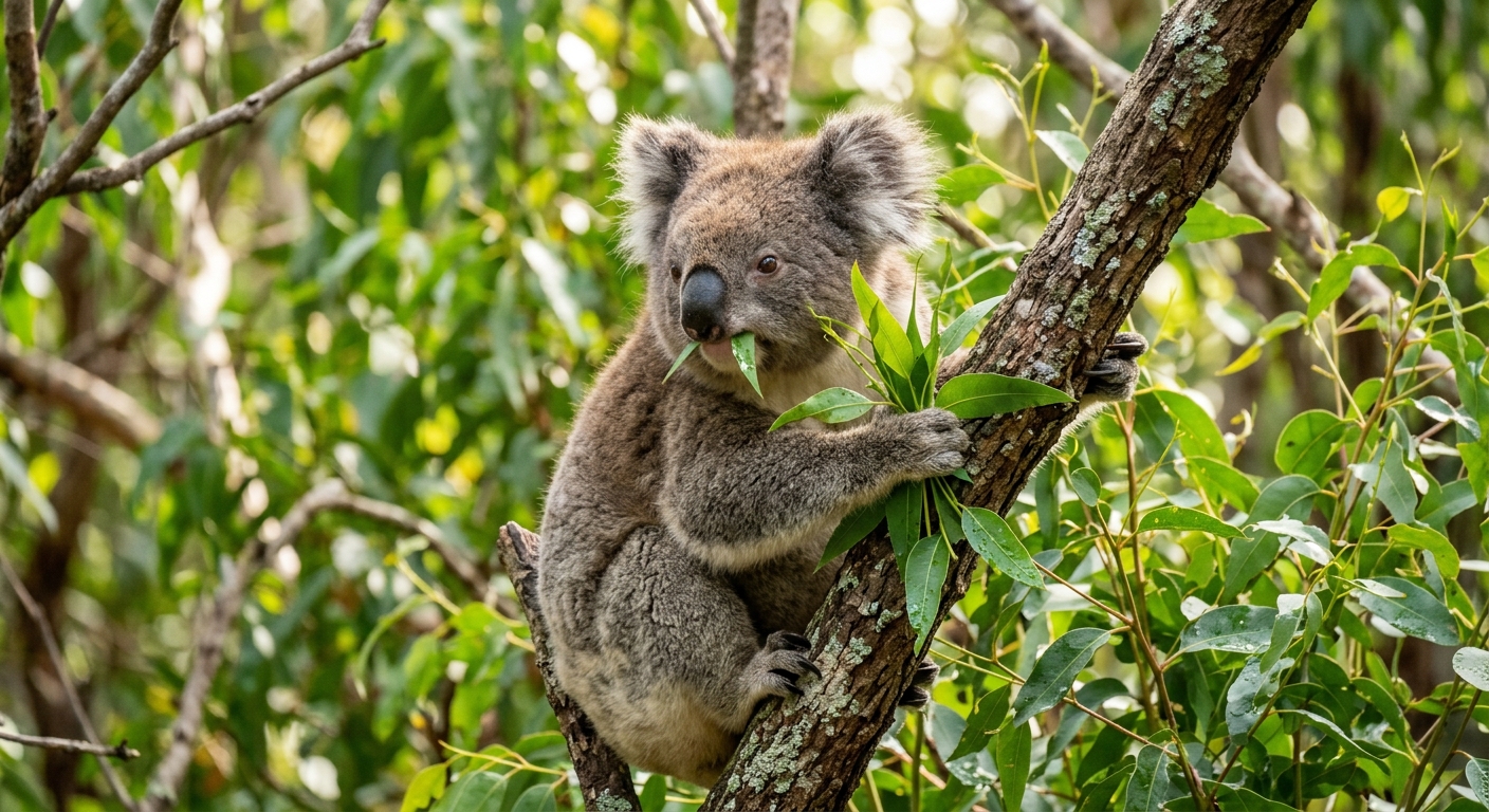 A leaf-eating herbivore holding a branch and eating green leaves.