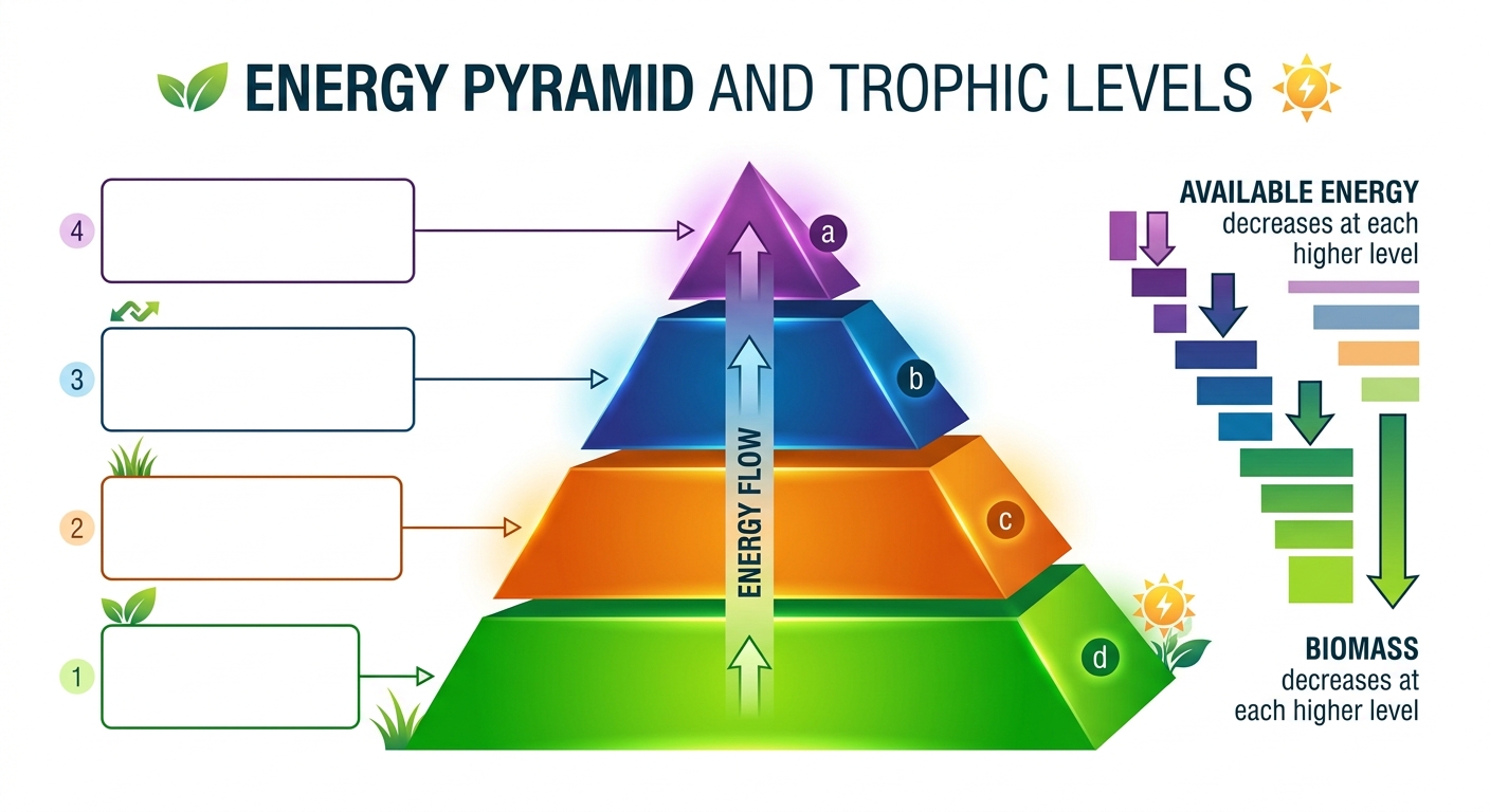 Energy pyramid with four levels marked a, b, c, d from bottom to top, with blank label boxes to the side.
