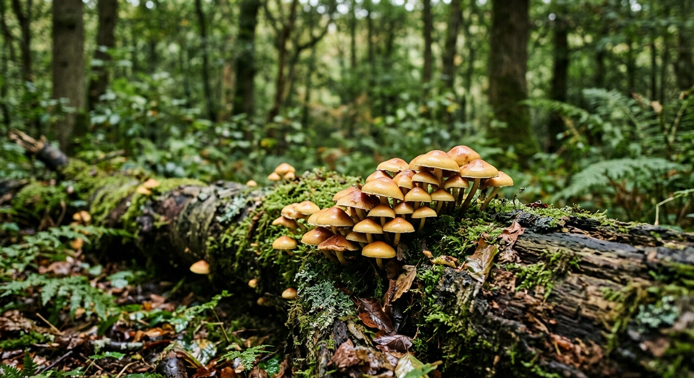 Mushrooms growing on a fallen log in a forest.