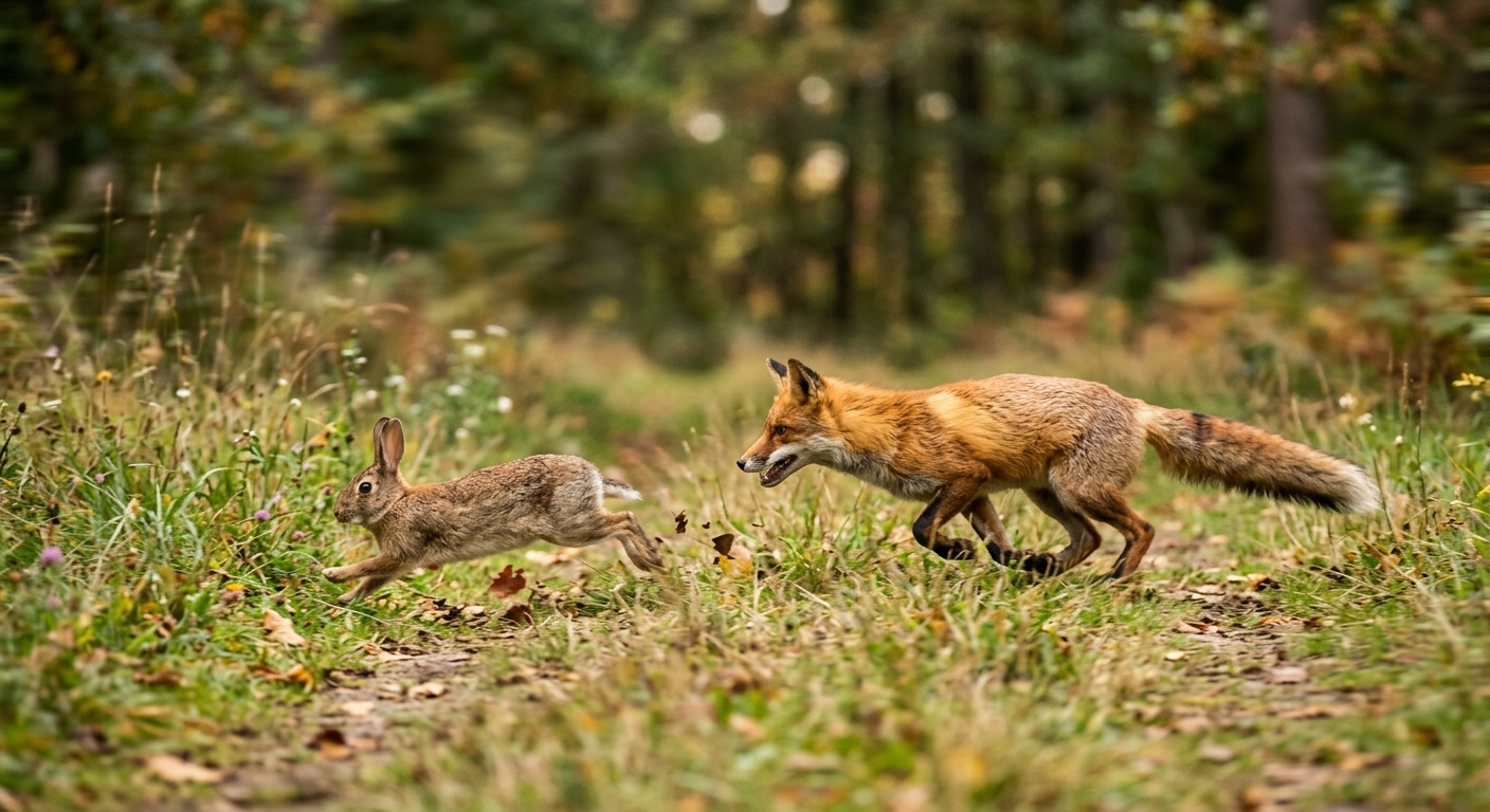 A fox chasing a rabbit across grass.