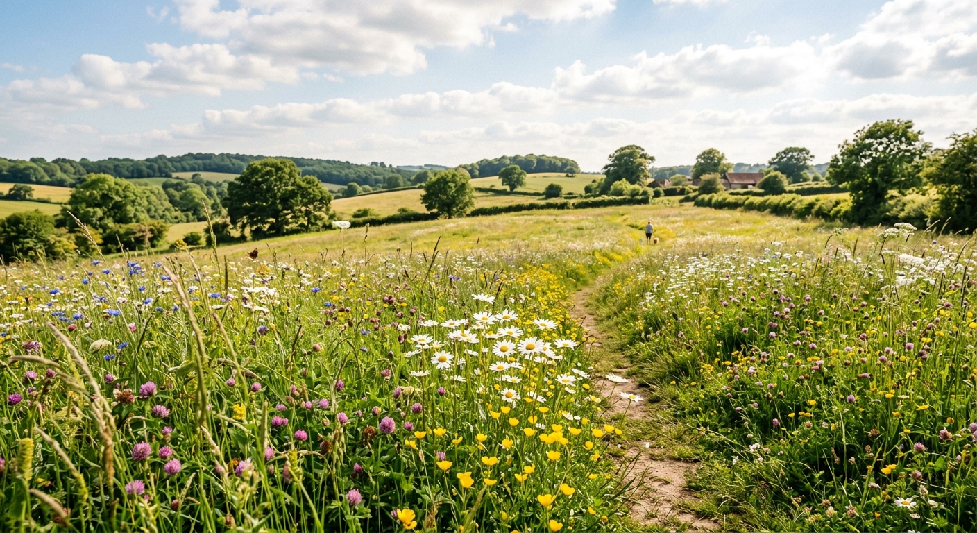 Sunny meadow with green plants and wildflowers.
