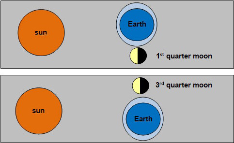 Diagram of the Sun, Earth, and Moon positions for first and third quarter moon related to tides