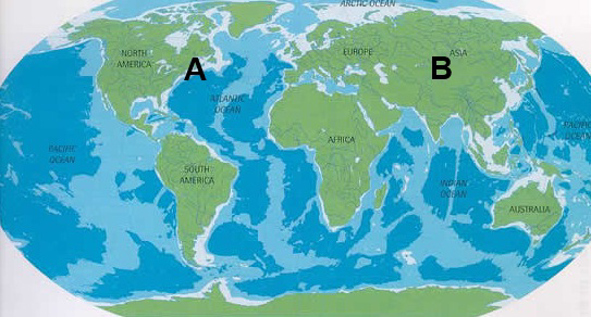 World map showing locations A and B.