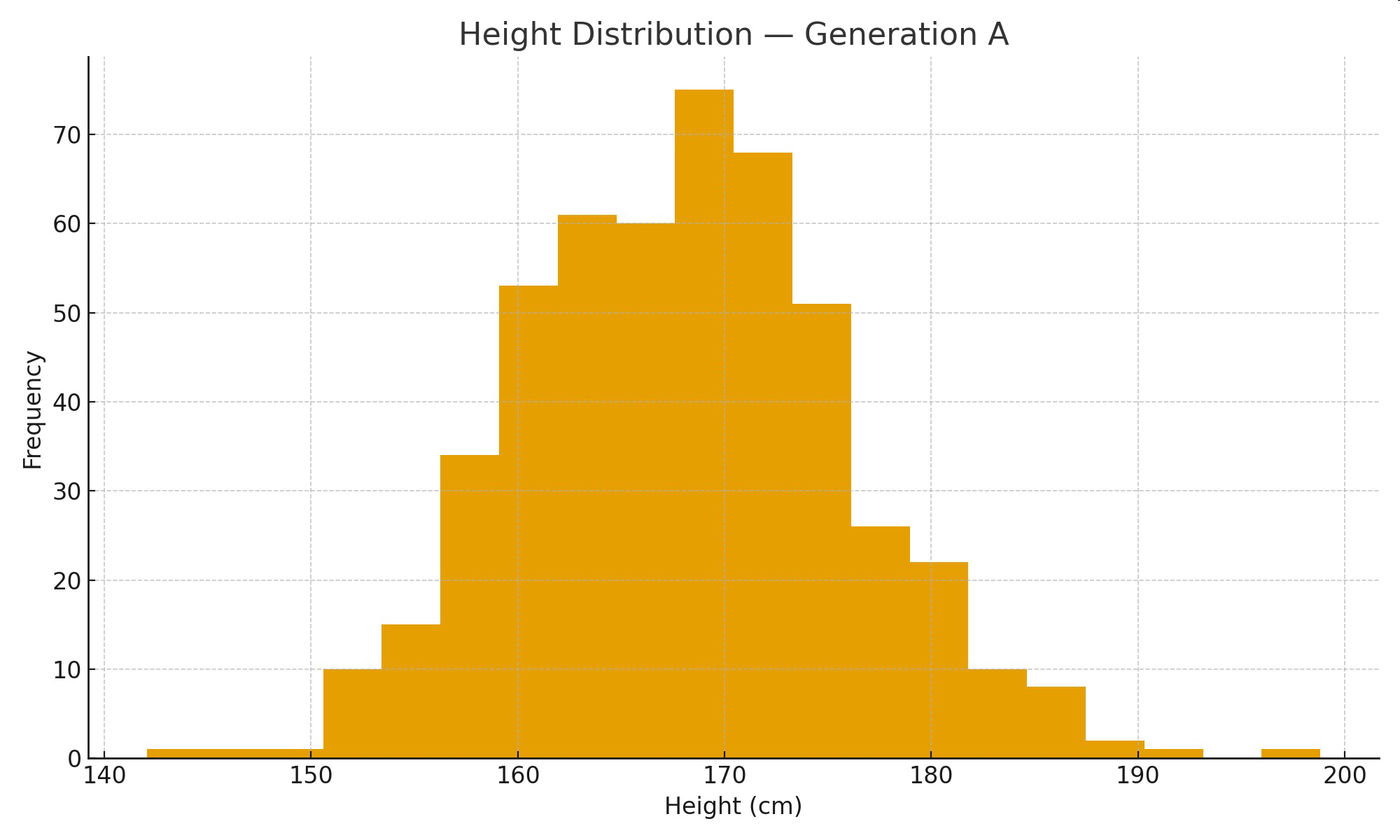 Histogram showing the height distribution for Generation A with height on the x-axis and frequency on the y-axis.