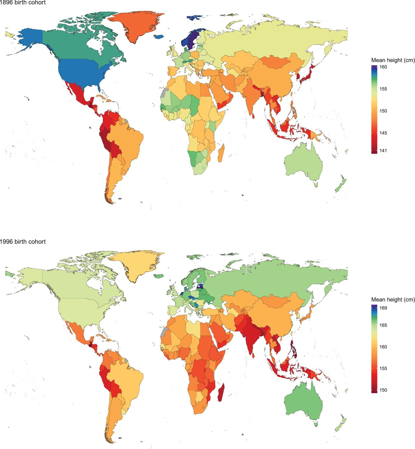 World maps showing mean height by country for the 1896 and 1996 birth cohorts.
