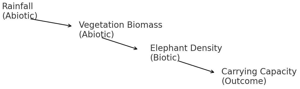 Flow diagram showing relationships: Rainfall (Abiotic) → Vegetation Biomass (Abiotic) → Elephant Density (Biotic) → Carrying Capacity (Outcome)