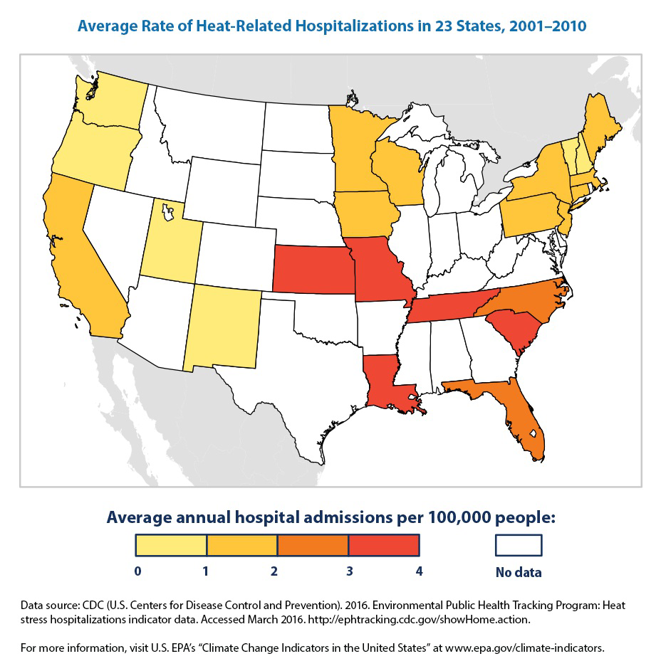 null Map of average rate of heat-related hospitalizations in 23 states, 2001-2010