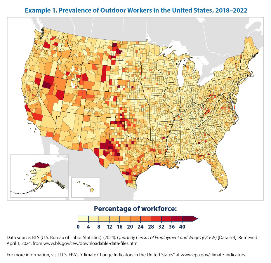 Map of the United States showing county-level prevalence of outdoor workers from 2018 to 2022, with a color scale indicating percentage of workforce.