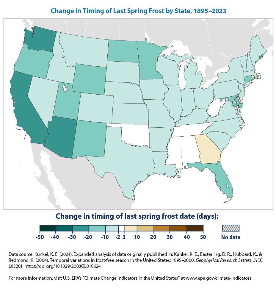 null Map of the contiguous United States showing the change in timing of last spring frost by state from 1895 to 2023, with a color bar labeled 'Change in timing of last spring frost date (days)' ranging from -50 to 50 and an indication for 'No data'.