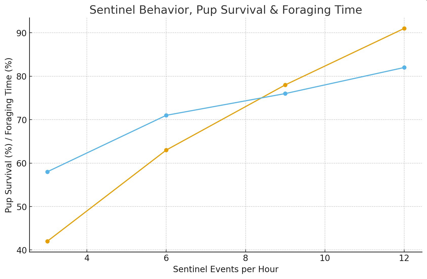 Line graph titled Sentinel Behavior, Pup Survival and Foraging Time, showing relationships among sentinel events per hour, pup survival percentage, and adult foraging time percentage.
