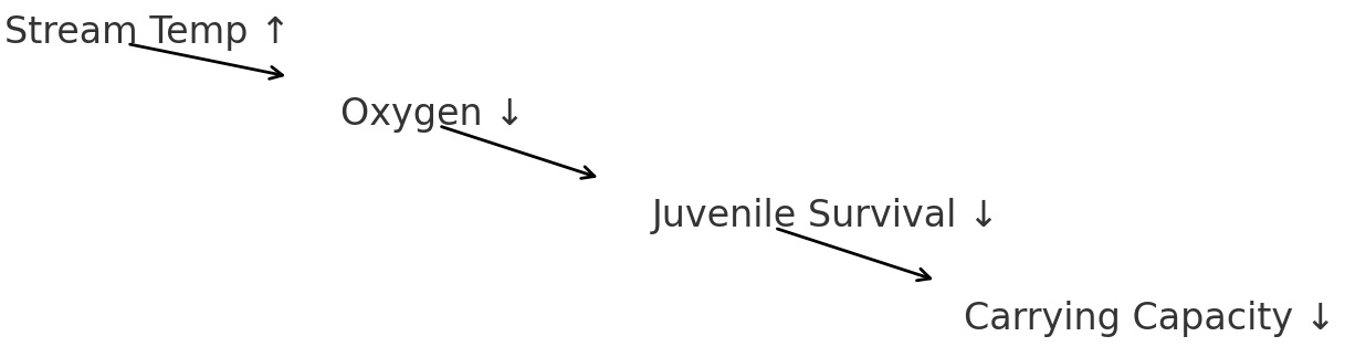 Diagram showing that as stream temperature increases, oxygen decreases, juvenile survival decreases, and carrying capacity decreases.