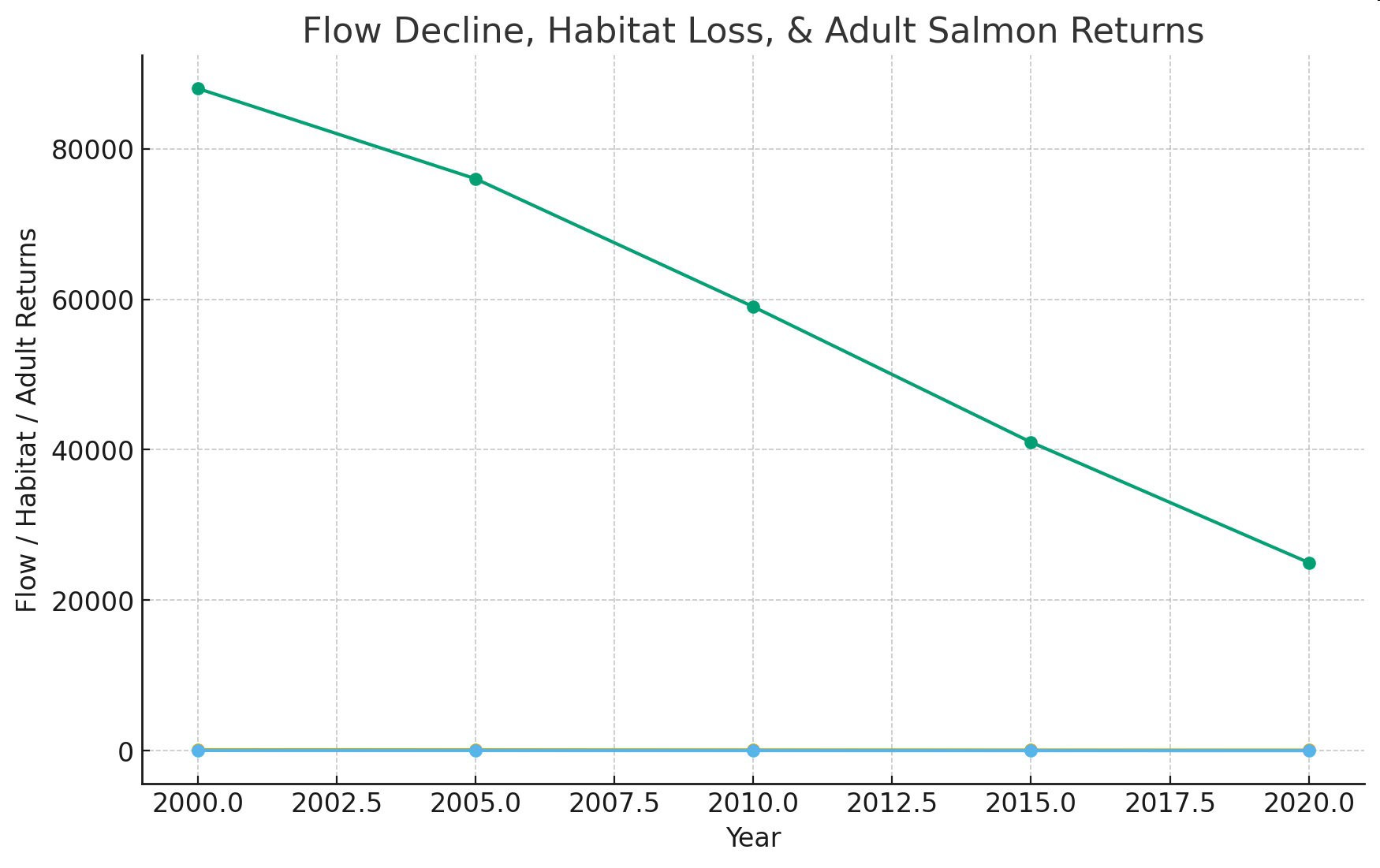Line graph titled 'Flow Decline, Habitat Loss, & Adult Salmon Returns' showing decreasing flow, habitat, and adult returns from 2000 to 2020.