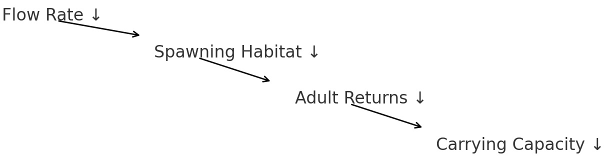 Diagram with arrows: Flow Rate down leads to Spawning Habitat down, which leads to Adult Returns down, which leads to Carrying Capacity down.