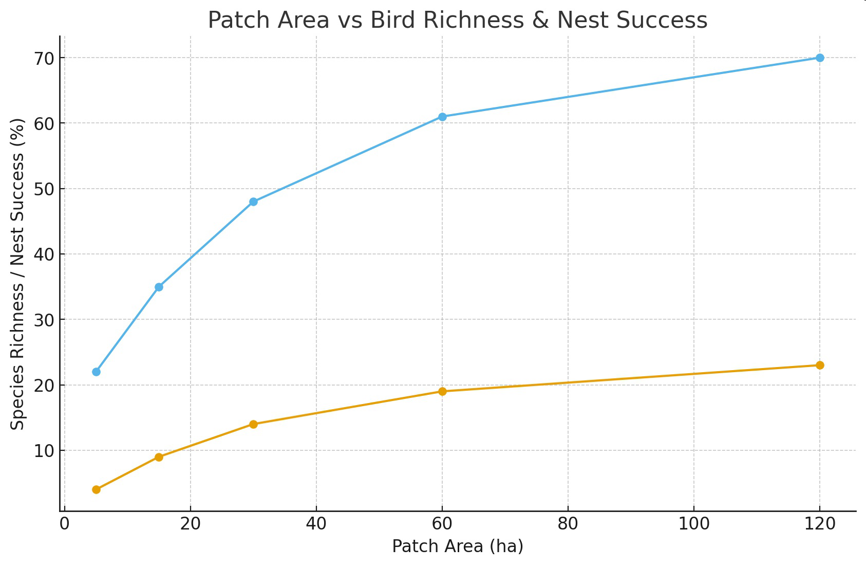 Graph titled 'Patch Area vs Bird Richness & Nest Success' showing changes in species richness and nest success percentage with increasing patch area.