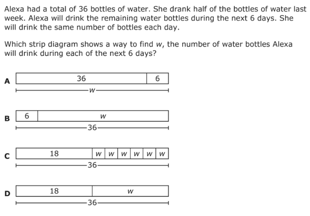 Strip diagram answer choices showing relationships between 36, 18, 6, and w.