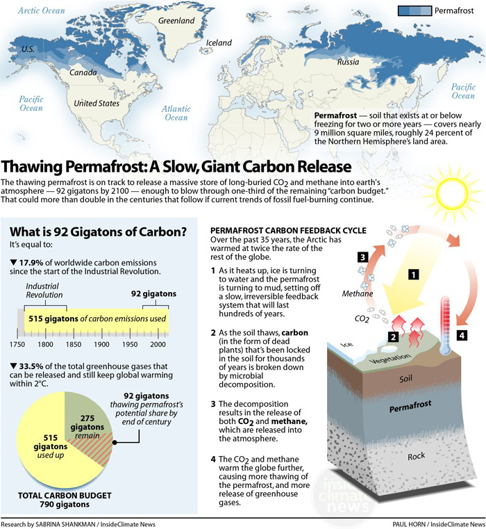 Diagram titled Thawing Permafrost: A Slow, Giant Carbon Release showing a world map of permafrost, a graph explaining what 92 gigatons of carbon is, and a diagram of the permafrost carbon feedback cycle.