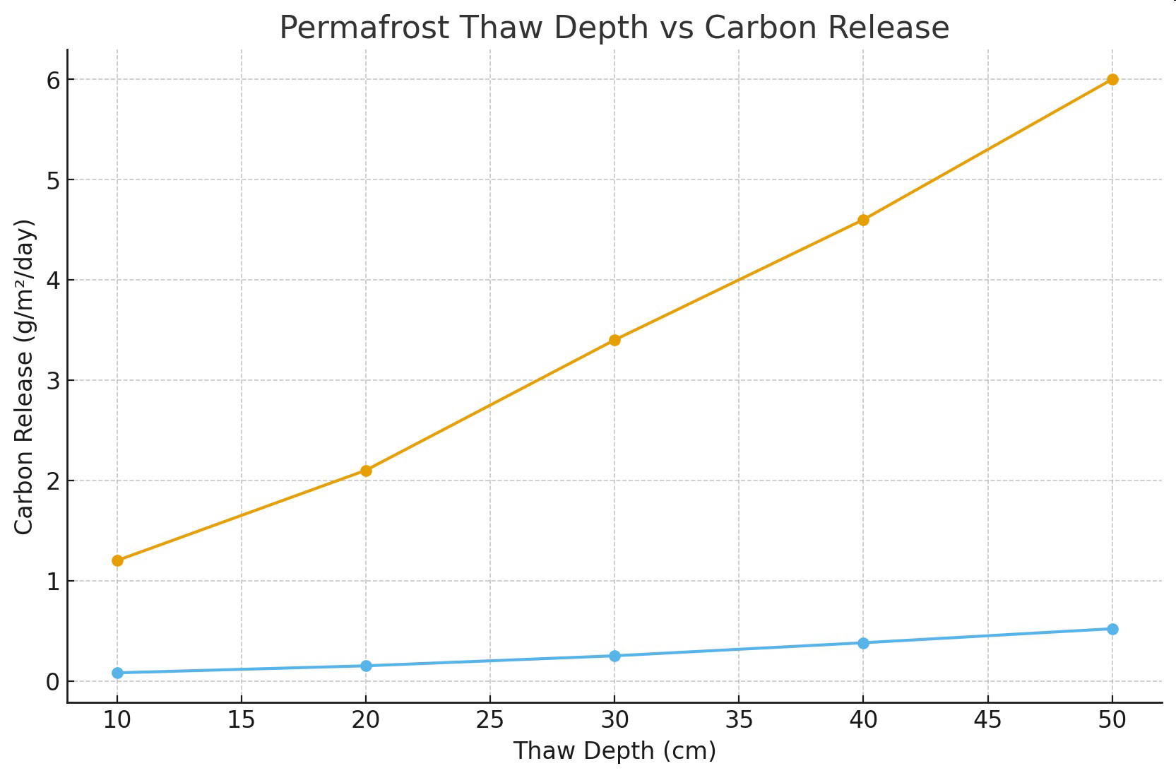 Graph titled Permafrost Thaw Depth vs Carbon Release showing carbon release increasing as thaw depth increases.