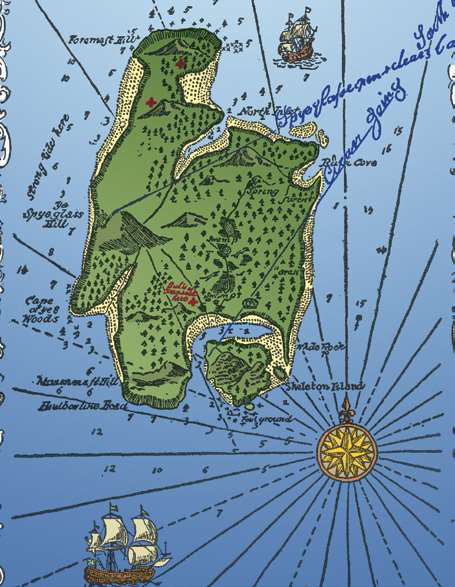 Illustrated treasure map of an island with compass rose and ships