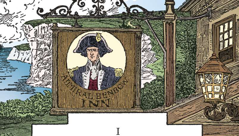 Sign of the Admiral Benbow Inn hanging outside a building near the sea