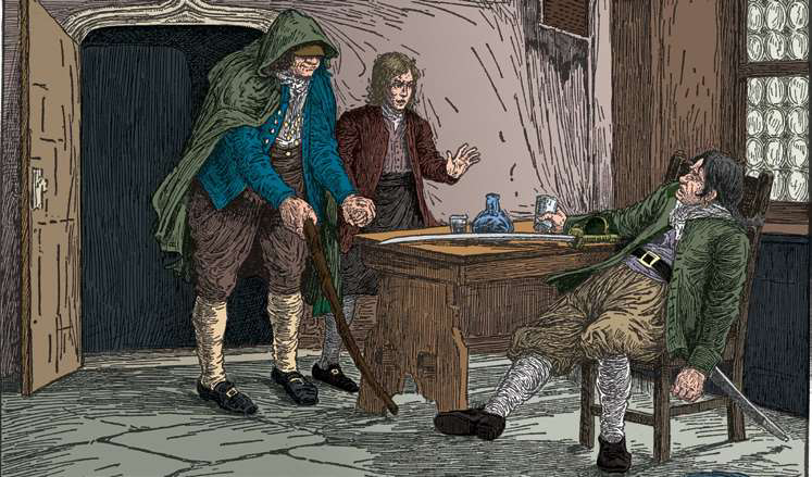 The blind man and a boy enter a room where the captain sits weakly at a table.