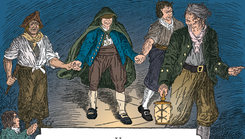 Several men walking together, one carrying a lantern