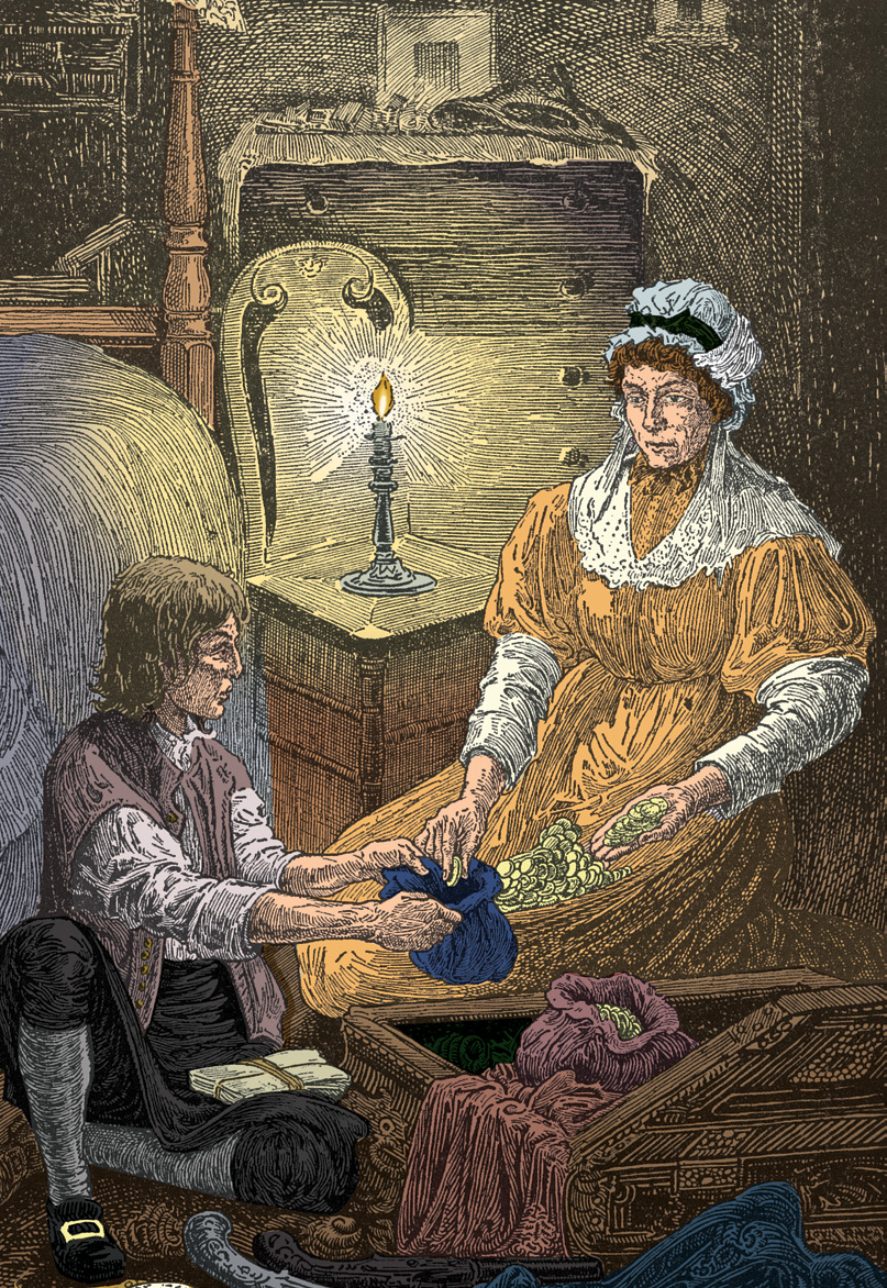 A woman counting coins from a chest into a bag held by a seated man near a candle-lit table.