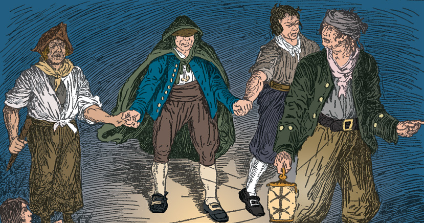 Several shadowy men approaching with a lantern
