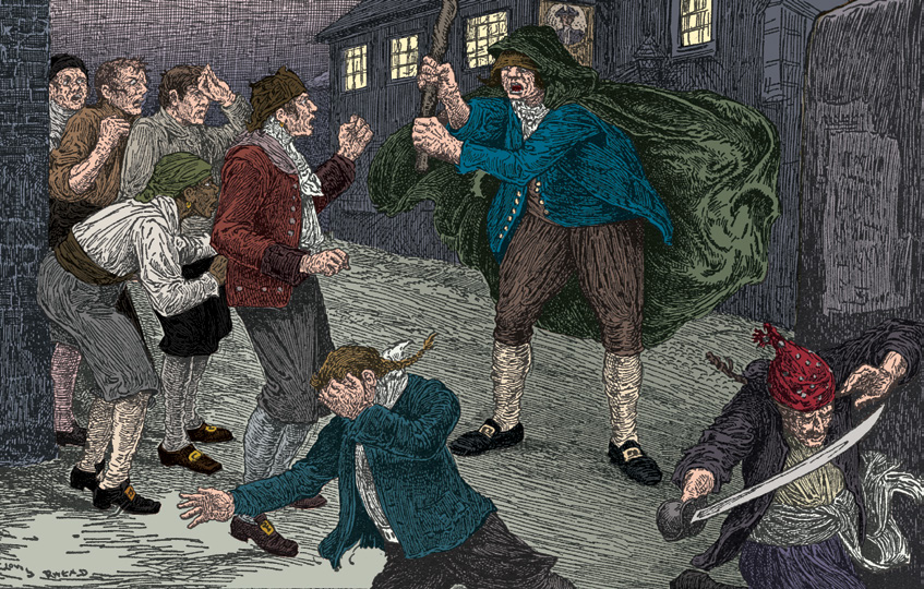 Men scattering in fear as a figure waves a stick and another brandishes a sword
